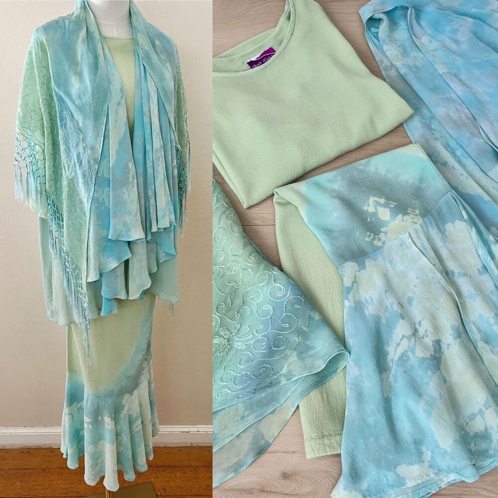 Vintage 90s Carole Dolighan Art To Wear Lagenlook Seafoam Green 4 Piece Set S-M